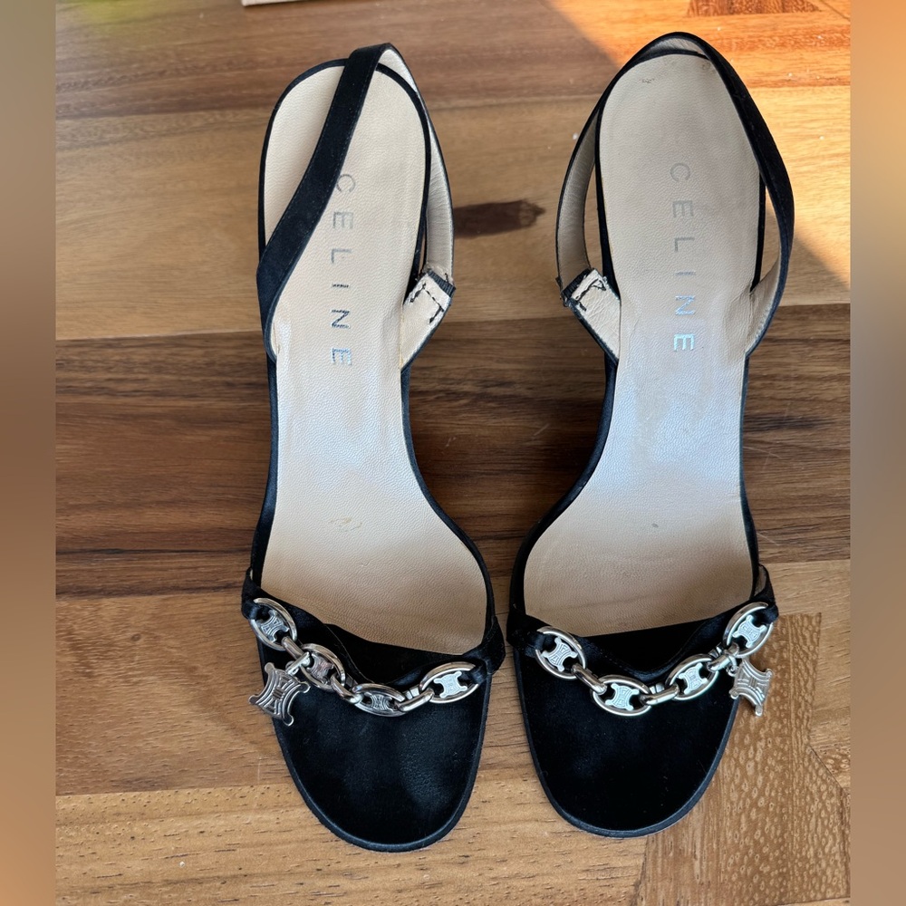 Celine Black Heeled Sandals with Silver Chain